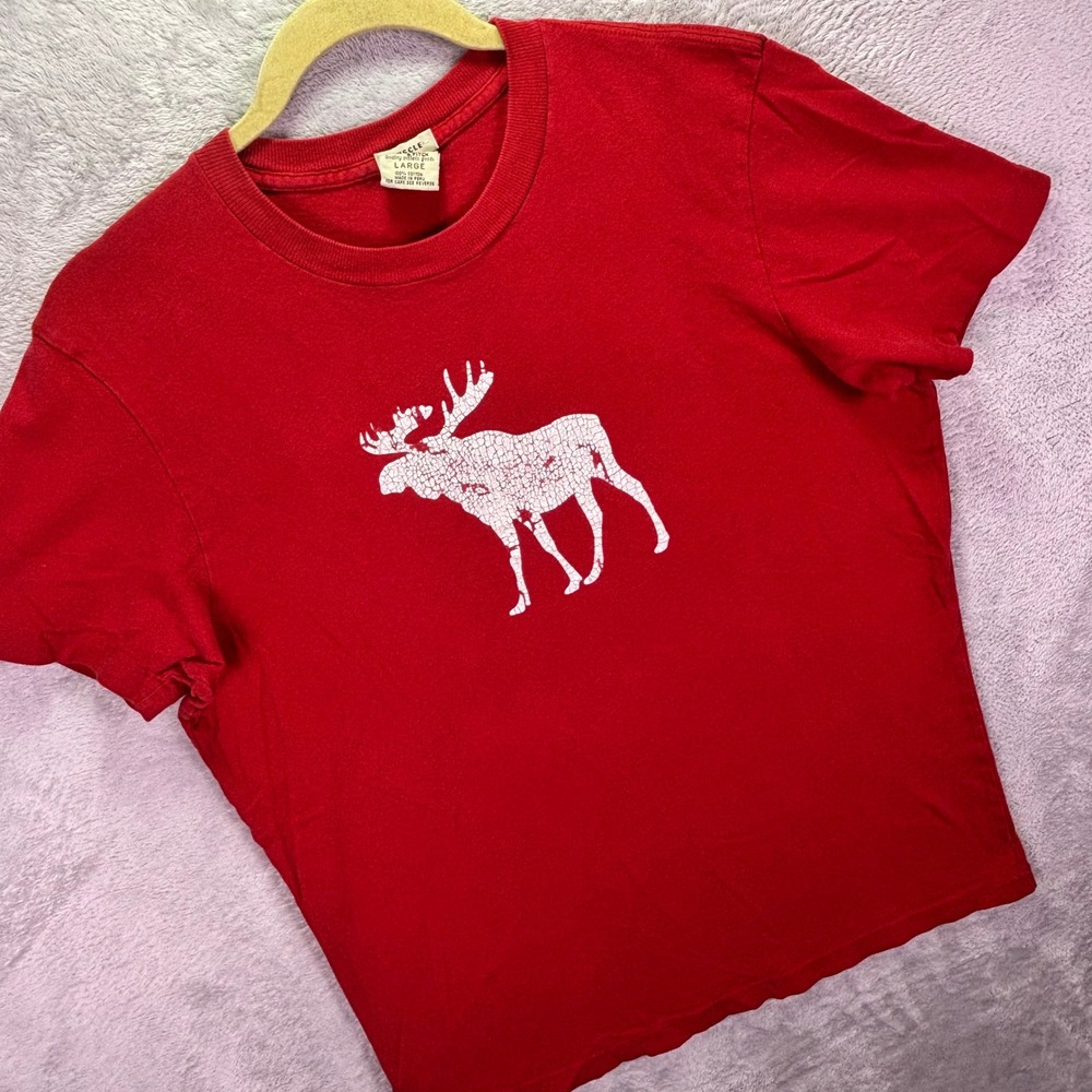 Vintage Abercrombie & Fitch Women Large Red Single Stitch Moose Graphic Tee